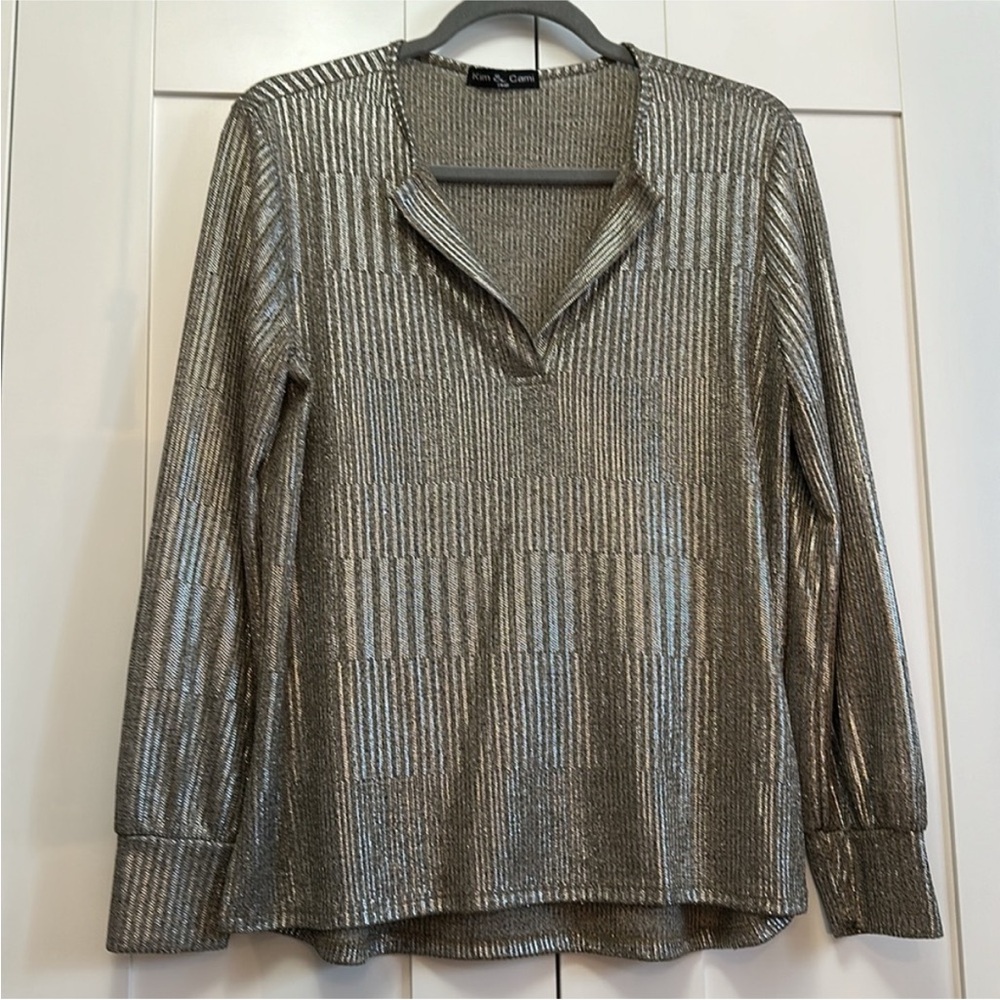 Silver Foil V Neck Long Sleeve Top Sz SML